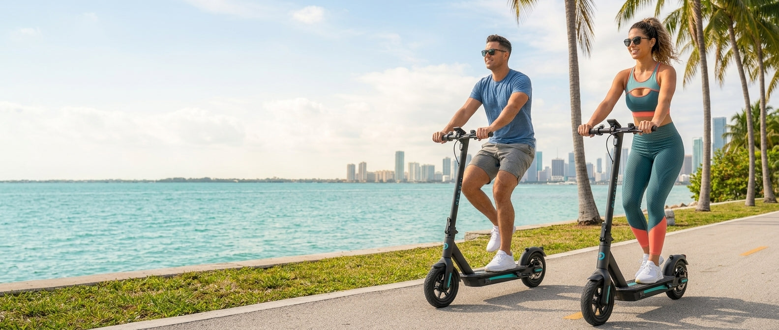 A man and a woman riding KEWELO electric scooters on a palm-lined waterfront path