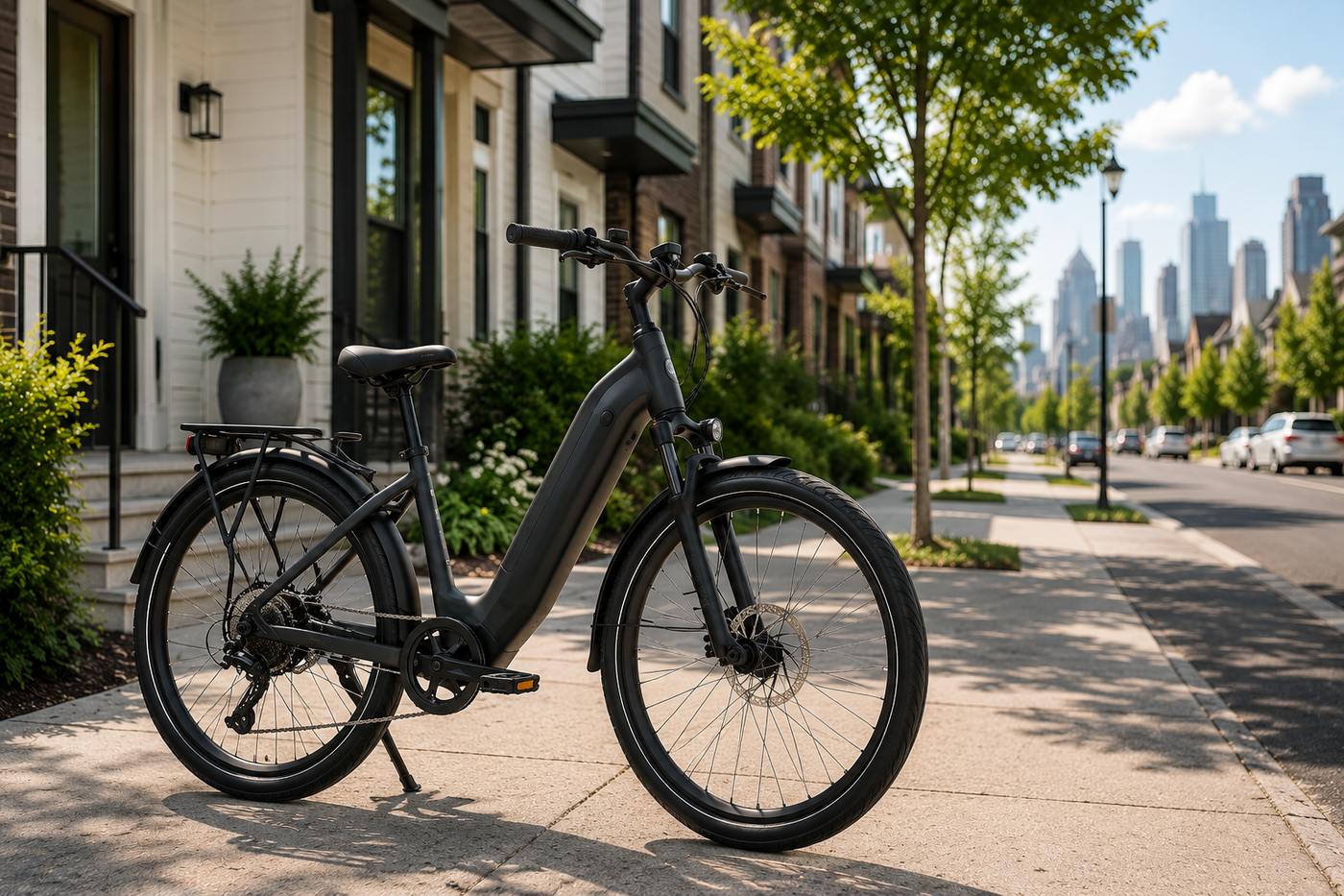 An electric bike parked in a residential neighborhood.