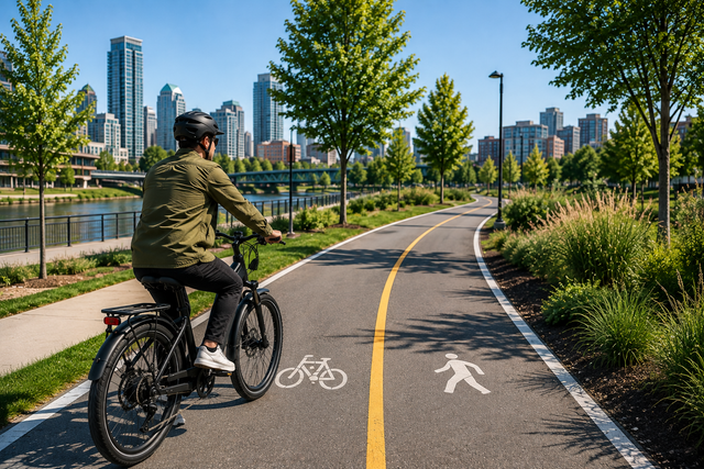 An electric bike rider on a shared-use path in an urban park.