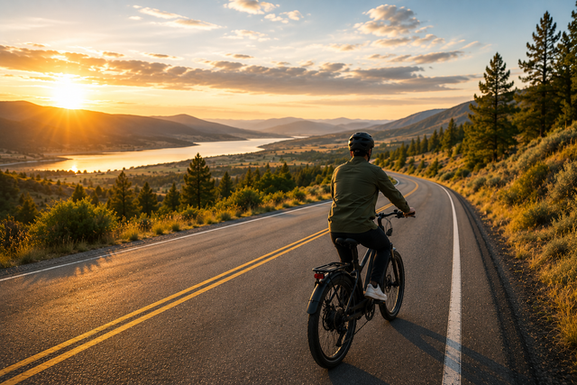 An electric bike rider on an open road stretching toward the horizon.
