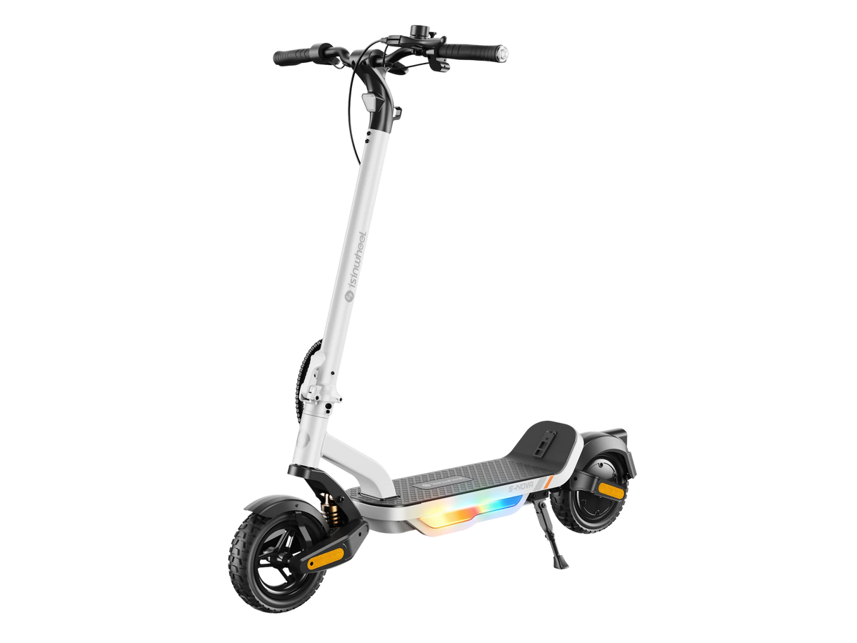 iSinwheel S Nova electric scooter in White, three-quarter view with the deck lighting lit