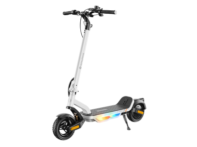 iSinwheel S Nova electric scooter in White, three-quarter view with the deck lighting lit
