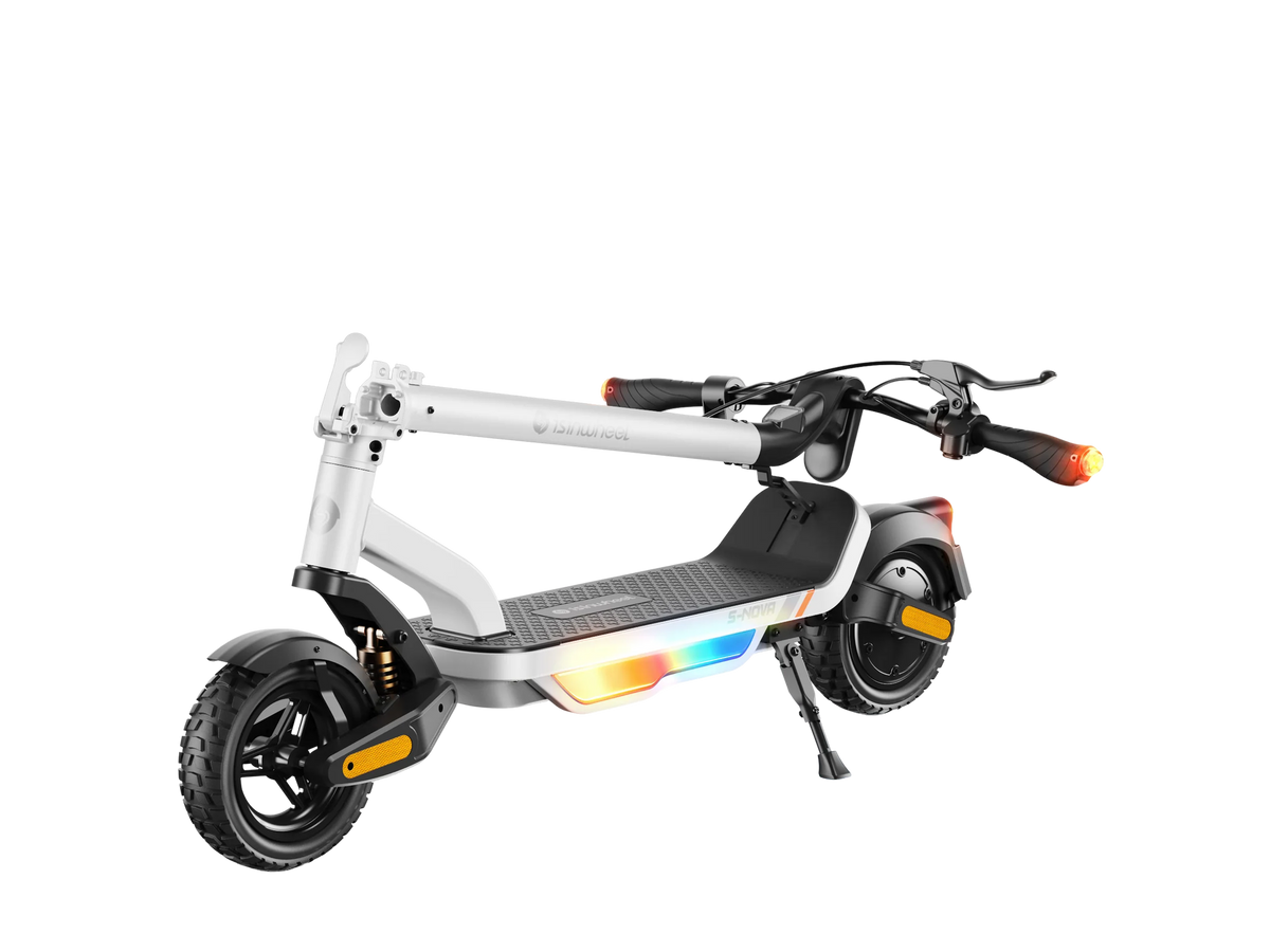 iSinwheel S Nova in White, folded flat with the deck lighting lit