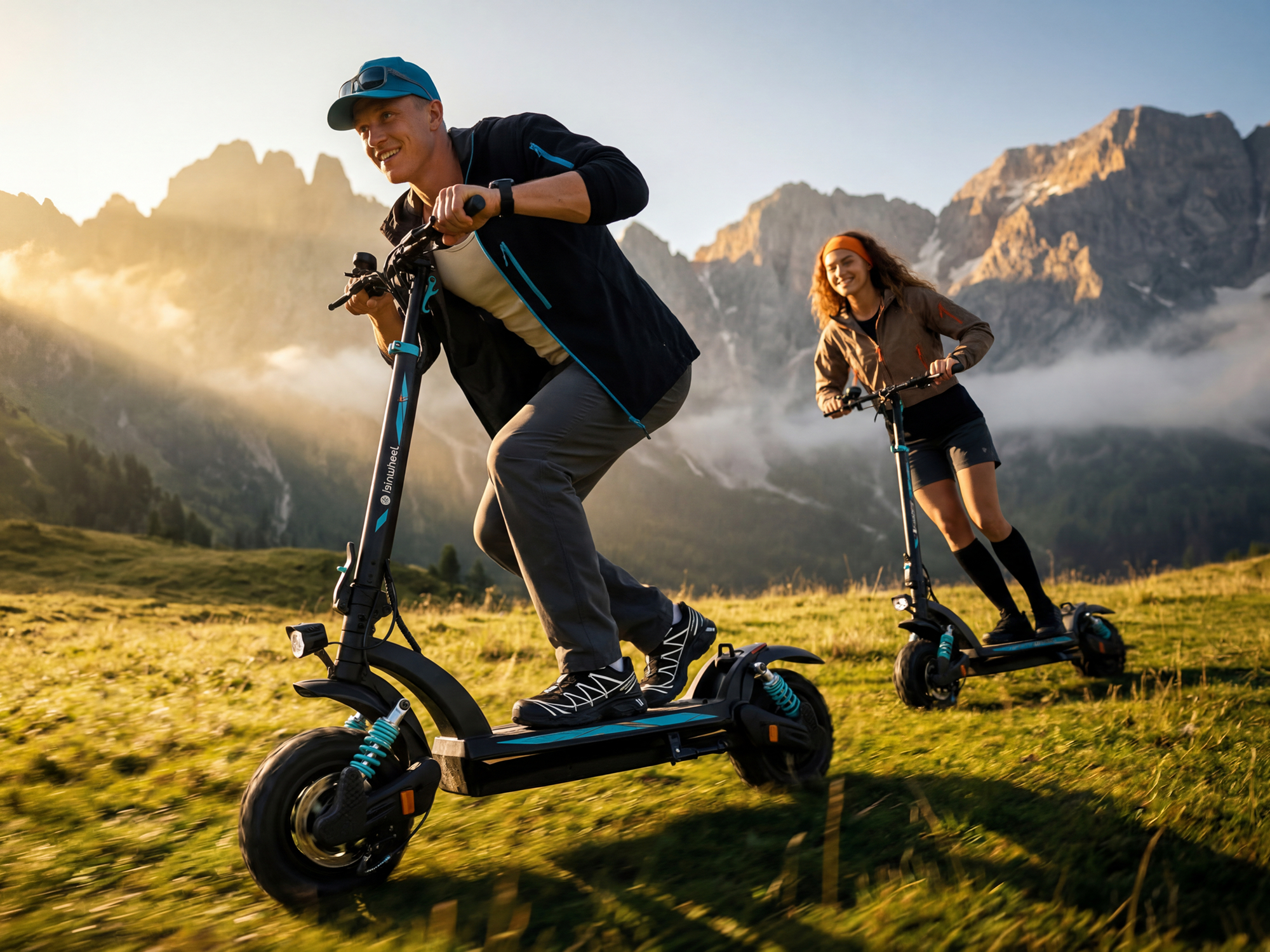 Two riders on iSinwheel GT2 Pro scooters on a grass mountain trail