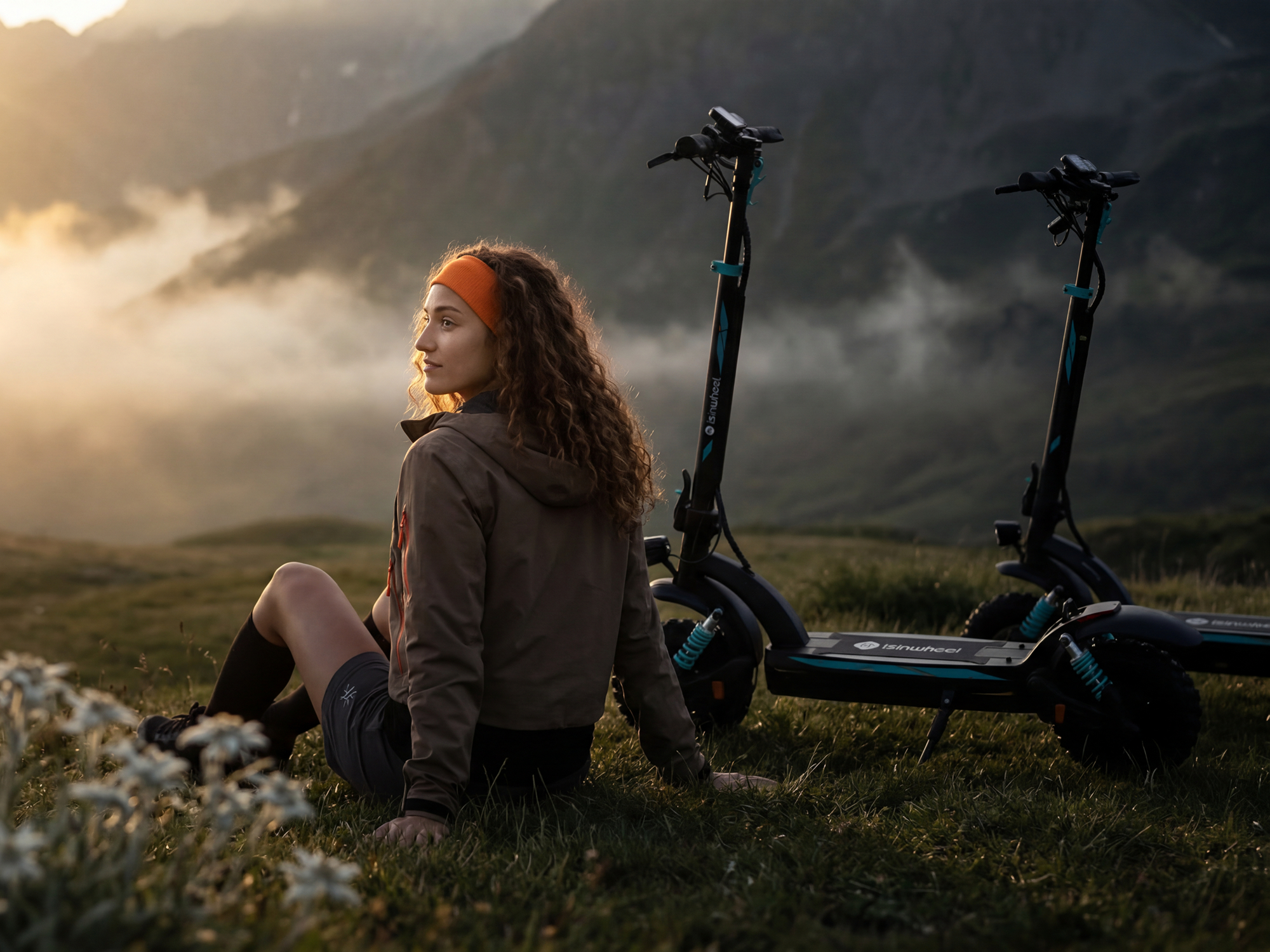 Rider resting beside an iSinwheel GT2 Pro on a mountain road at sunrise