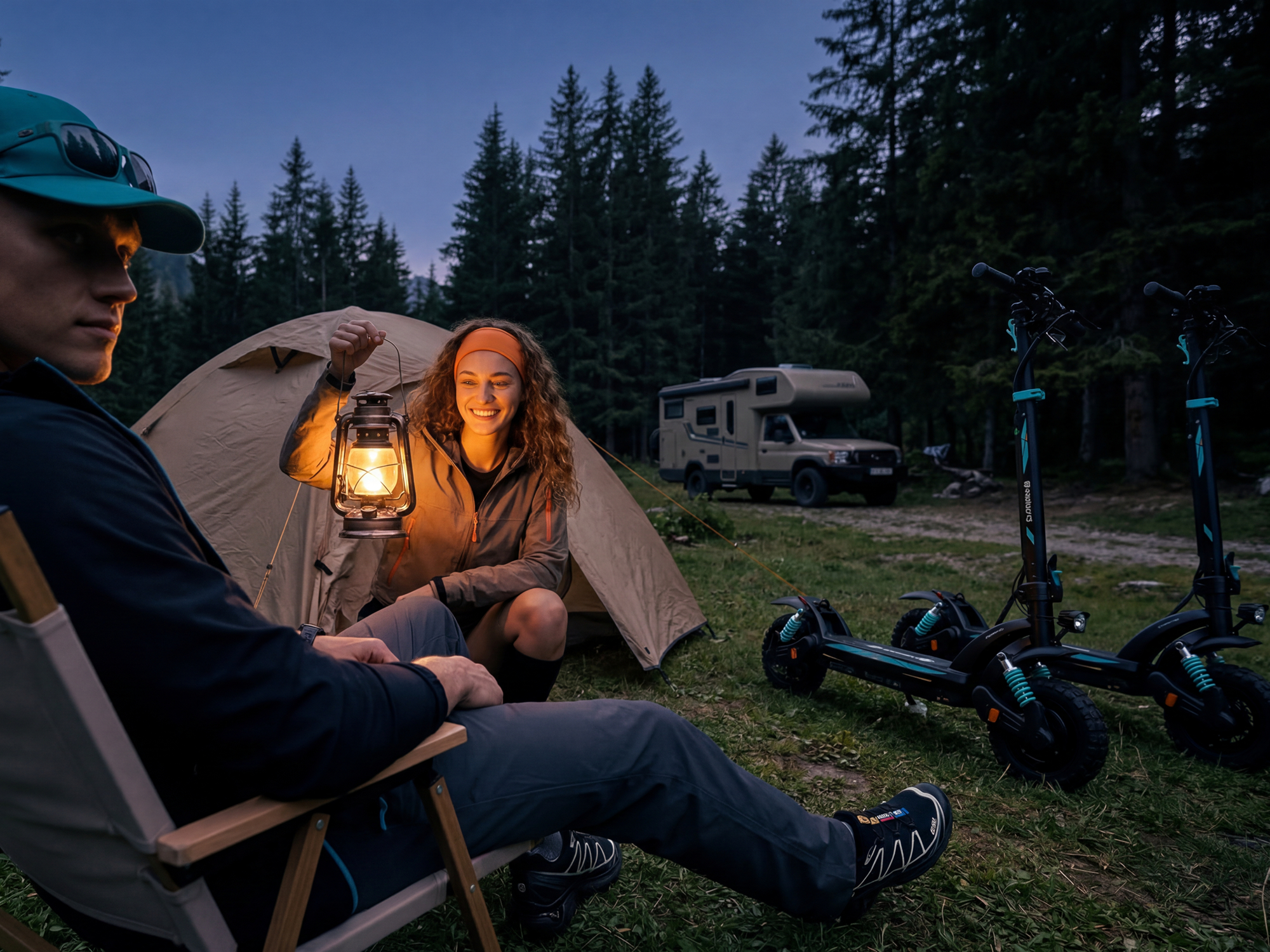 Two iSinwheel GT2 Pro scooters parked at a campsite after dark, lights on