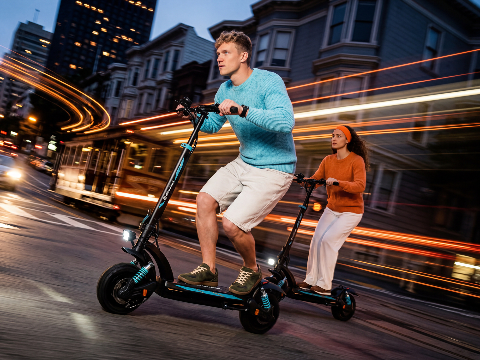 Two riders on iSinwheel GT2 Pro scooters on a city street at night