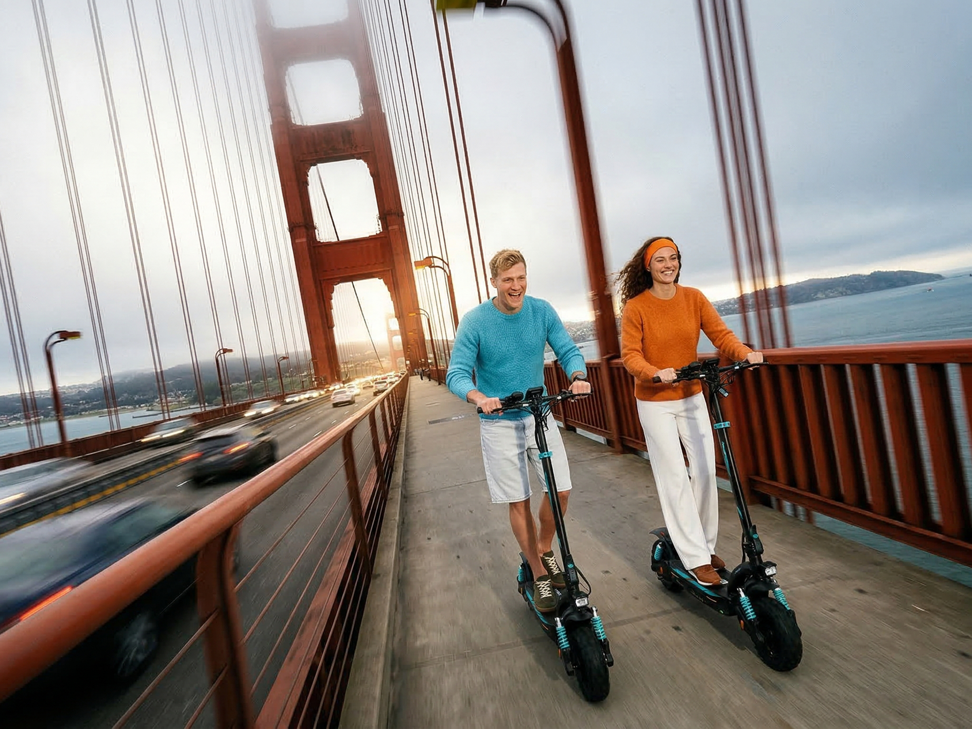 Two riders on iSinwheel GT2 Pro scooters crossing a suspension bridge