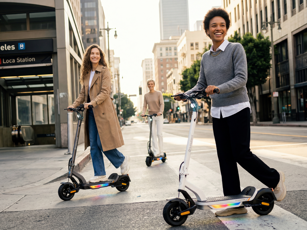 Commuters riding iSinwheel S Nova Pro scooters across a city crosswalk