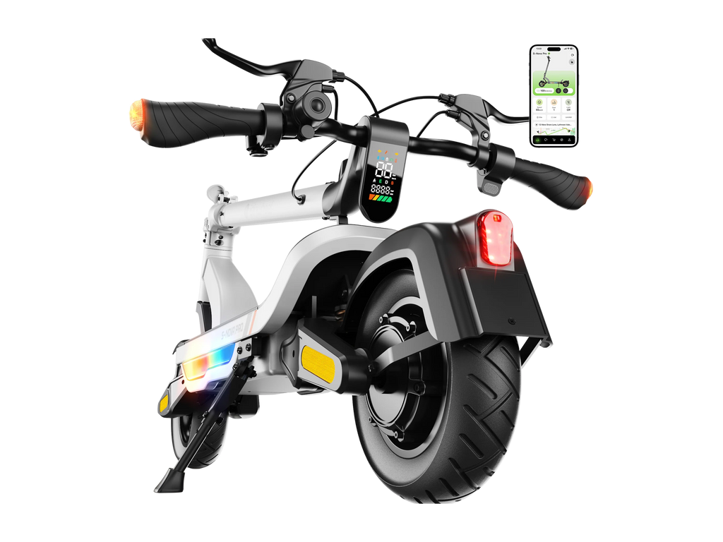 iSinwheel S Nova Pro in White, front three-quarter view with stem display and app