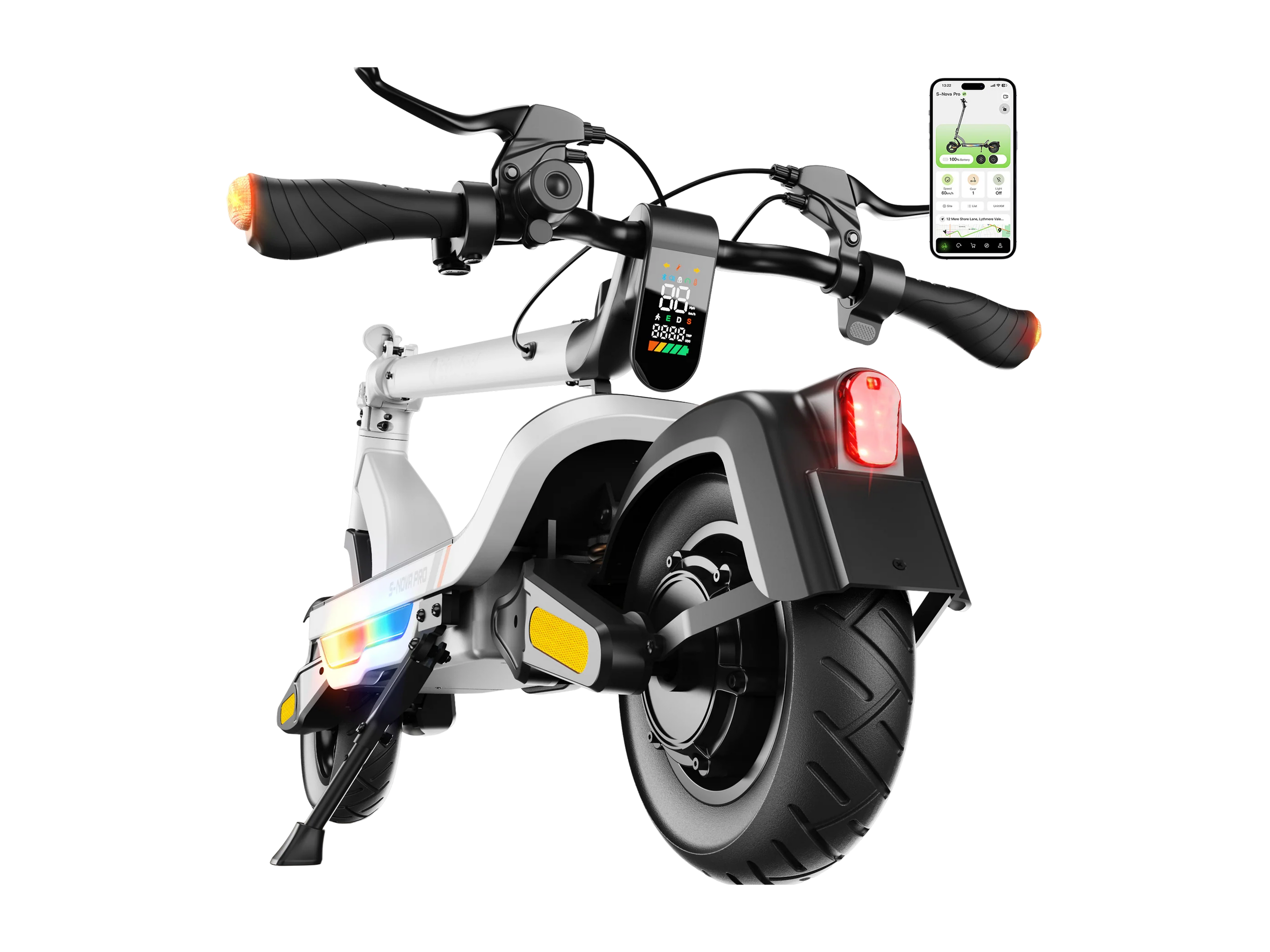iSinwheel S Nova Pro in White, front three-quarter view with stem display and app