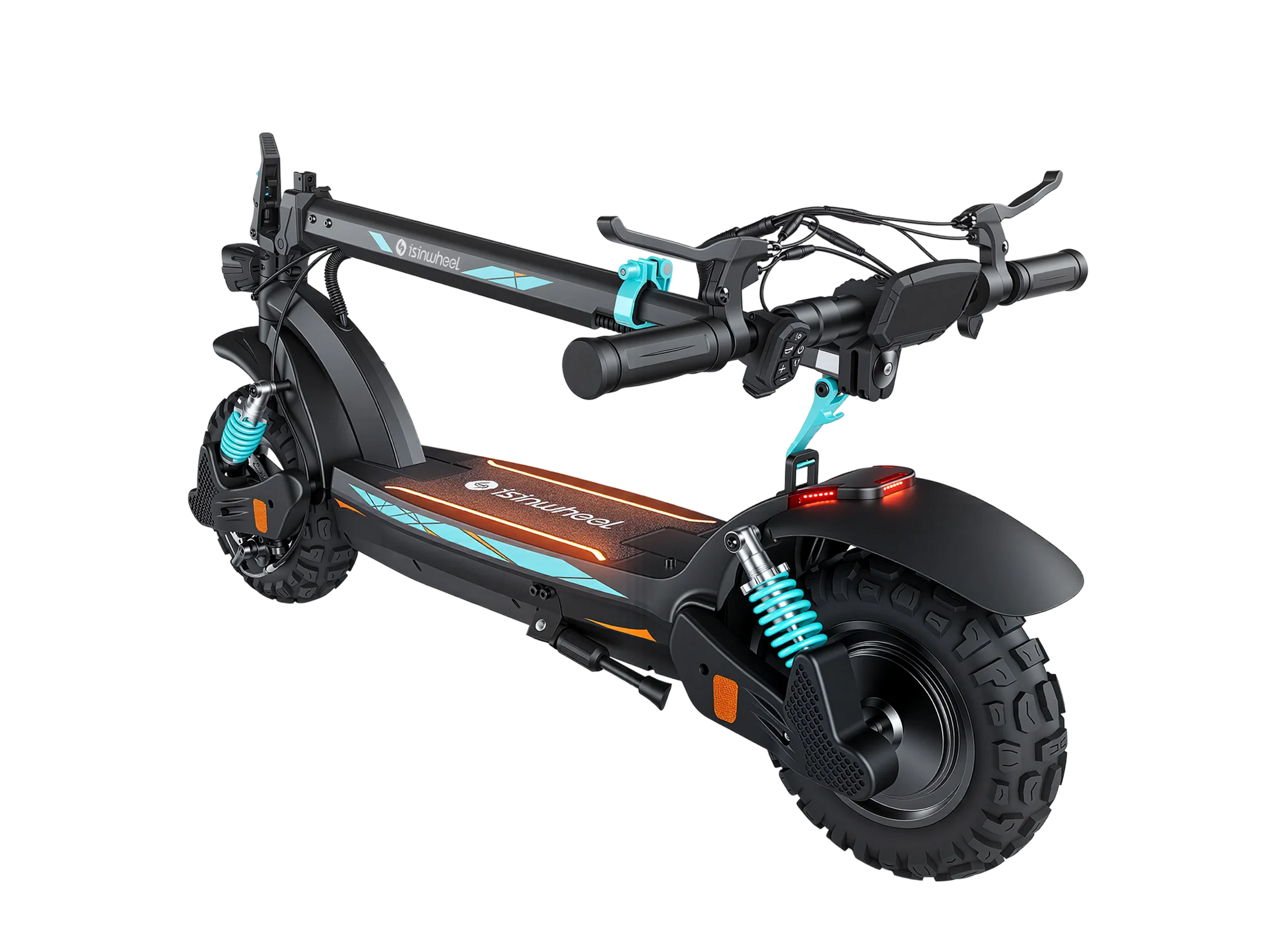 iSinwheel GT2 Pro folded flat for carrying, with the rear suspension spring visible