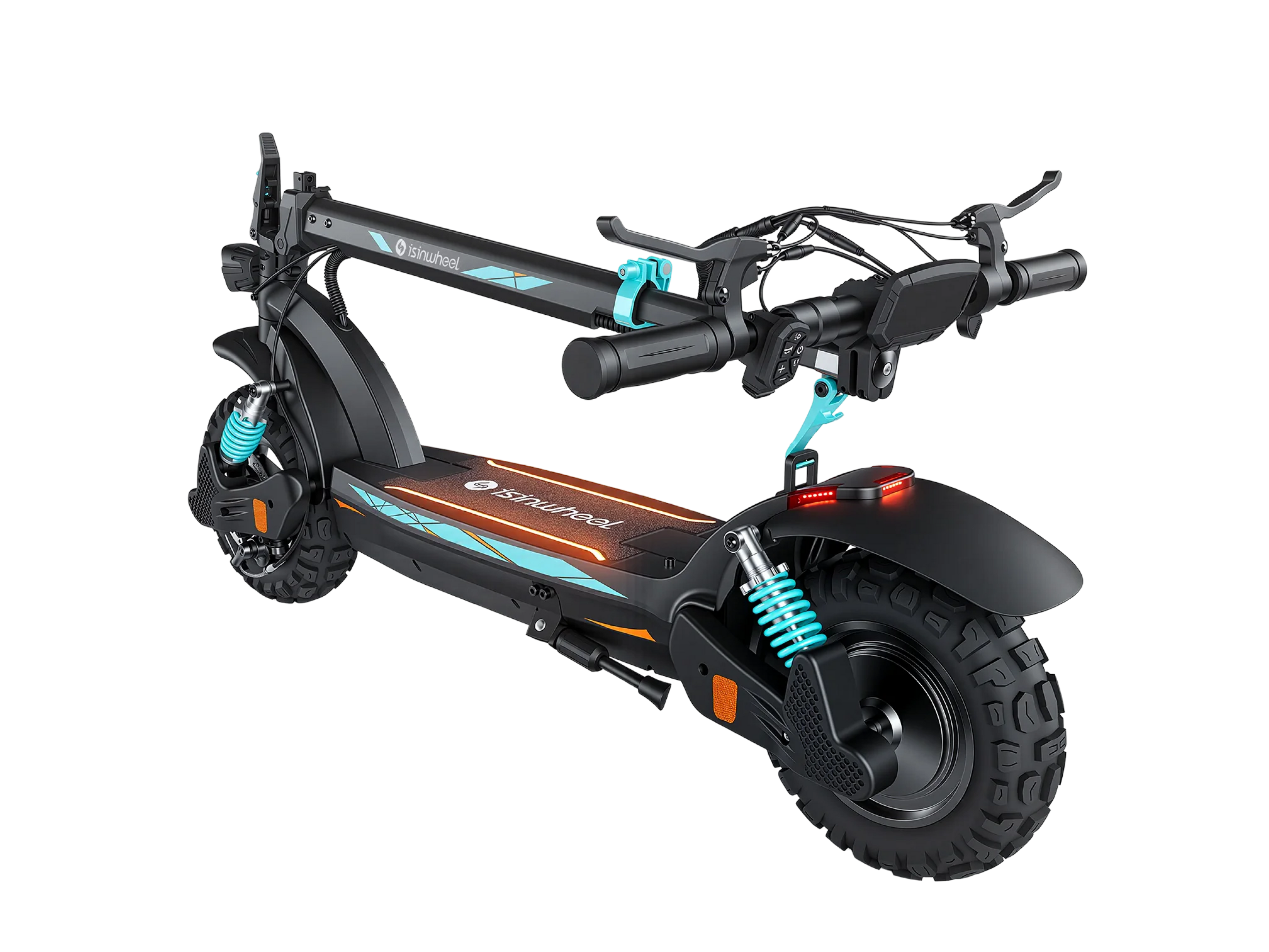 iSinwheel GT2 Pro folded flat for carrying, with the rear suspension spring visible