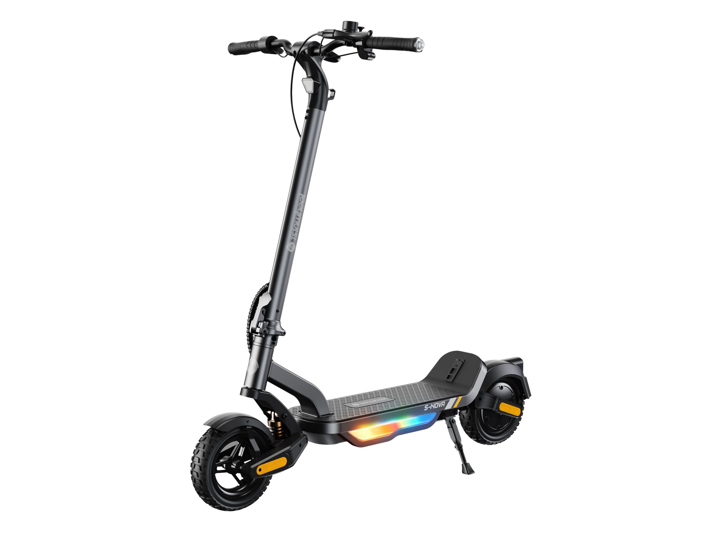 iSinwheel S Nova electric scooter in Gray, three-quarter view with the deck lighting lit