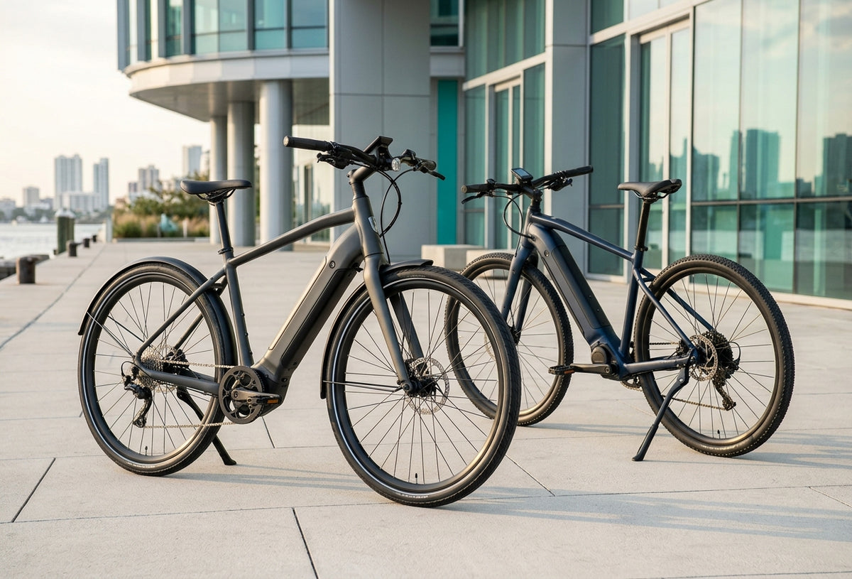 Two electric bikes parked on a city waterfront path