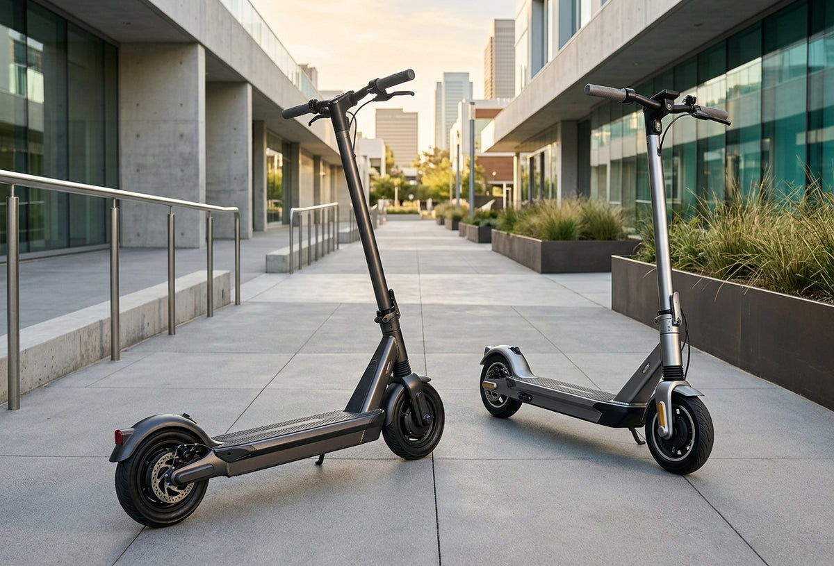 Two electric scooters on a city sidewalk at golden hour
