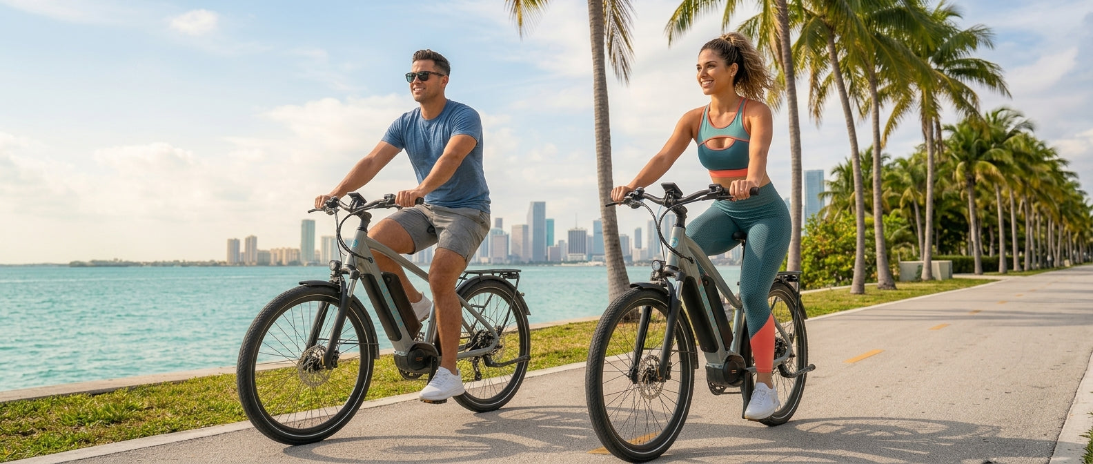 A man and a woman riding KEWELO electric bikes on a palm-lined waterfront path